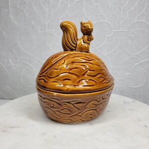 Vintage Taiwan Ceramic Squirrel Nut Dish Canister Brown Glazed Covered Bowl